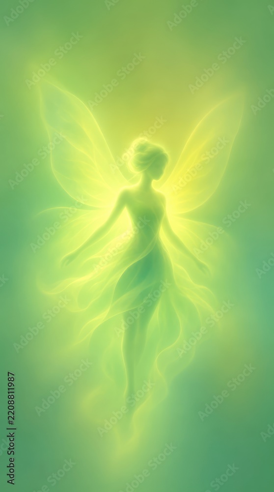 Obraz premium Ethereal fairy silhouette in glowing green hues, perfect for mobile wallpaper.