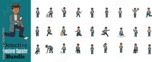Cartoon Detective Character Bundle, Investigator Pose Set, Private Eye Character Illustrations, Mystery Detective, Male Cartoon Character Design