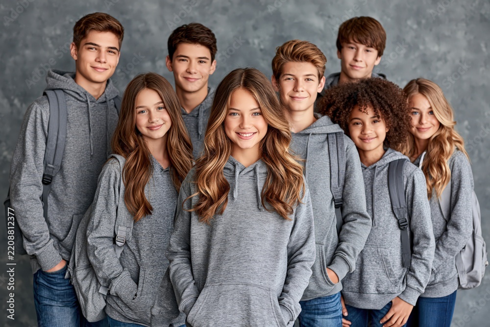 Fototapeta premium Group of smiling teenagers in gray hoodies student lifestyle portrait
