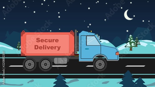 Animated secure delivery truck driving on night road, winter cargo transport animation, blue logistics truck with red container on winter road