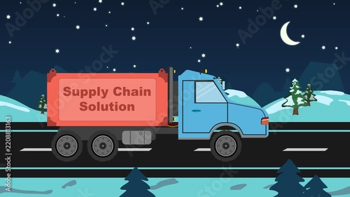 Supply Chain Solution, animated delivery truck driving at night, logistics and transportation service, global shipping and distribution concept