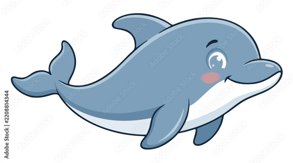 Fototapeta premium Cute dolphin character vector illustration with a friendly expression, smooth blue-gray body, clean bold outline, and rounded cartoon style isolated on white background for stock designs.
