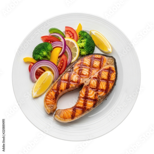 Grilled fish fillet with fresh vegetables and lemon slices