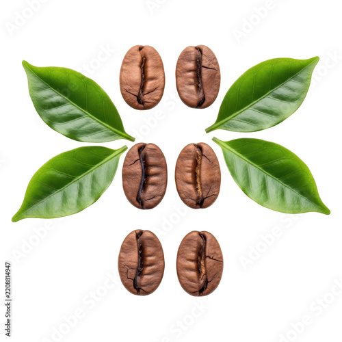 Fresh coffee beans surrounded by green leaves