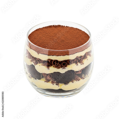 Delicious layered chocolate dessert in glass jar with cocoa powder