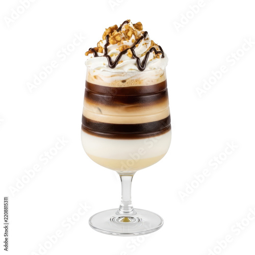 Delicious layered coffee drink with whipped cream and toppings