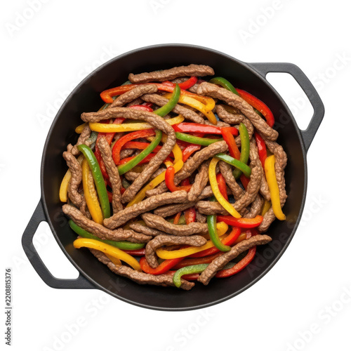 Stir-fried beef with colorful bell peppers in skillet