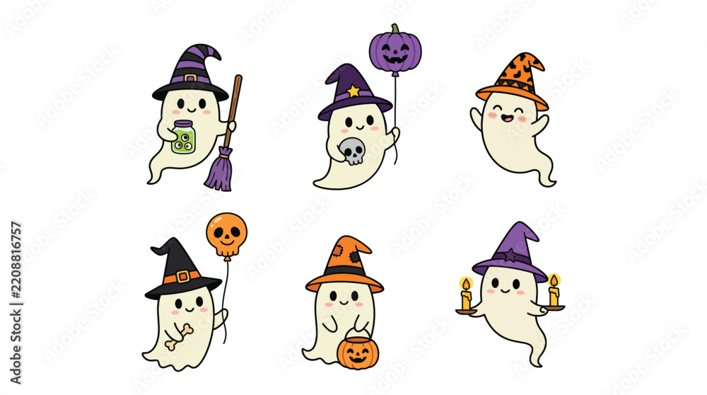 Obraz premium Cute Kawaii Halloween Ghosts Set with Witch Hats and Spooky Accessories