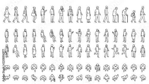 Isometric Children, Adults and Seniors Standing, Walking and Sitting with Overhead Figures Line Set for Demographic Infographics, Population Studies, Education Materials and Urban Design Visuals