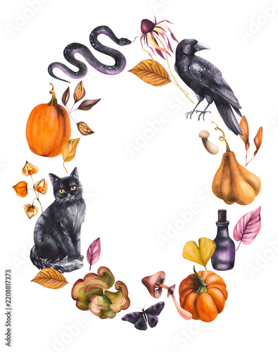 Autumn Halloween wreath of dried leaves and flowers with pumpkins. Autumn watercolor decor for seasonal design, tableware, textiles, clothing, and printing.
