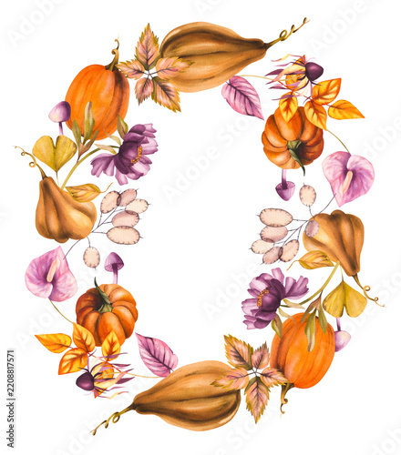 Autumn Halloween wreath of dried leaves and flowers with pumpkins. Autumn watercolor decor for seasonal design, tableware, textiles, clothing, and printing.