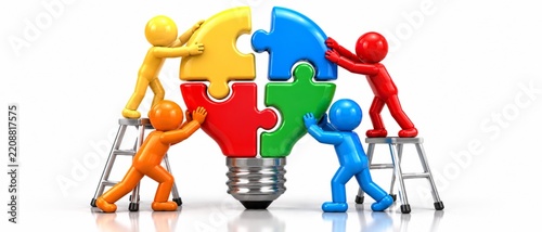 Teamwork Building a Creative Puzzle Light Bulb Concept