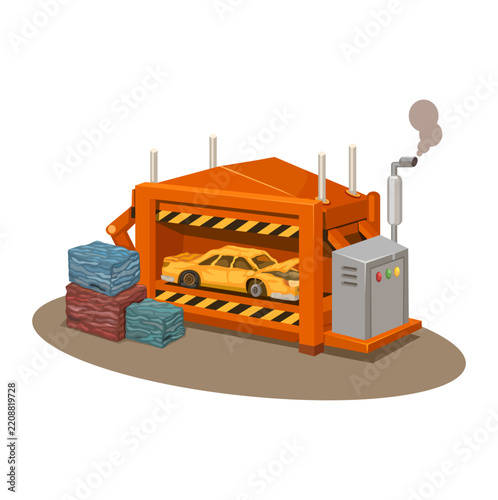 Scrap Car Crusher Machine Cartoon Illustration Vector
