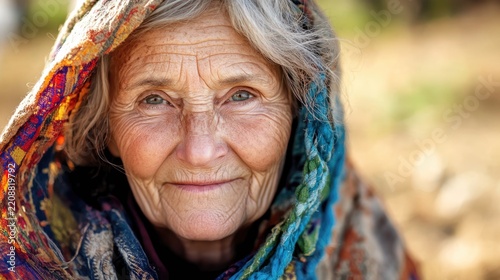 Wisdom in Her Eyes: A close-up portrait of an elderly woman with kind eyes and a gentle smile, her face etched with the stories of a life well-lived. She wears a vibrantly patterned headscarf.