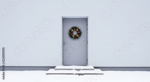 Front door of a house with a christmas wreath and snow covered steps in winter season