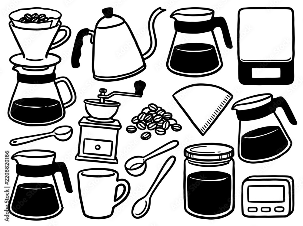 Obraz premium Hand drawn set of coffee brewing equipment, pour over tools, beans, and accessories in black and white