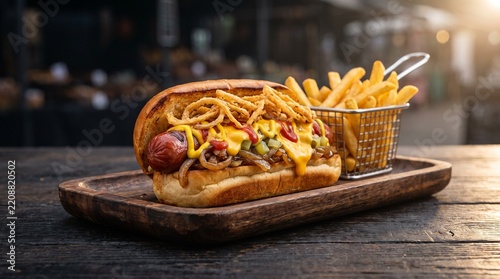 Gourmet Beef Hot Dog with Melted Cheddar Cheese Crispy Onions and French Fries on Wooden Board
