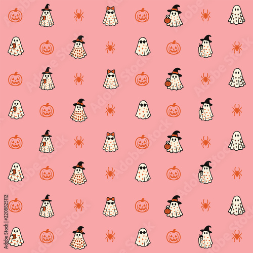 Cute Pink Coquette Halloween Ghost with Bow and Coffee Seamless Pattern
