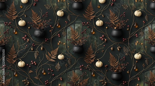 Dark Academia Autumn Pattern with Pumpkins Cauldrons and Fern Leaves for Seamless Fabric Design