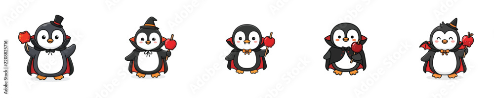 Fototapeta premium Vector of cute penguin characters celebrating Halloween in a fun style
