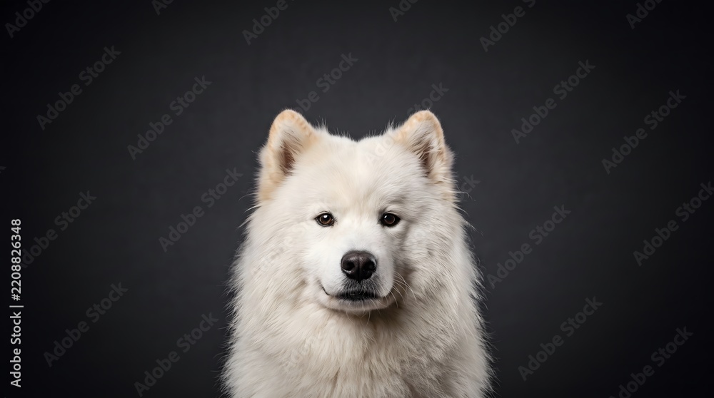 Fototapeta premium Portrait of a beautiful fluffy white Samoyed dog isolated on dark background.