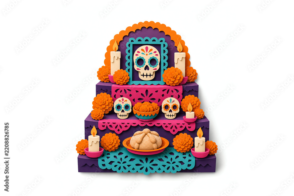 Fototapeta premium Ofrenda altar with candles, marigolds and bread