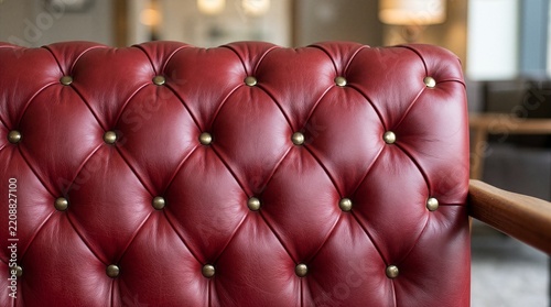 Luxury Red Leather Chesterfield Chair with Tufted Pattern and Blurred Interior Background クラシックで高級感のある赤いレザーチェスターフィールドチェアのボタンダウンタフティングと落ち着いた背景