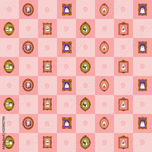 Pink Checkerboard Halloween Seamless Pattern with Pumpkin Cupcake and Candies