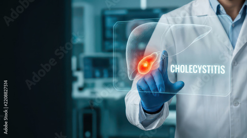 Medical doctor presenting gallbladder inflammation concept through digital interface for cancer awareness and diagnostic education in clinical setting
