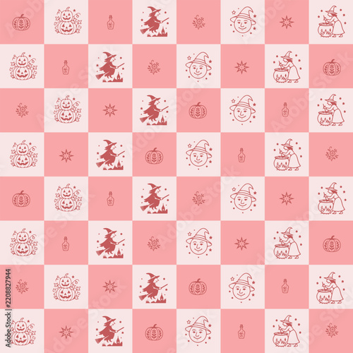 Soft Pink Patchwork Checkerboard Seamless Pattern with Cute Halloween Doodles