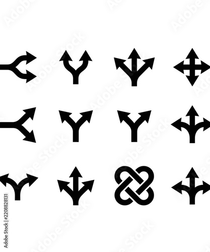 Set of various black arrow icons representing split paths directions and decision making concepts on white background