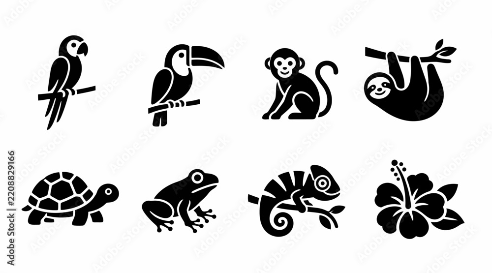 Obraz premium Tropical jungle icons with parrot monkey and sloth.