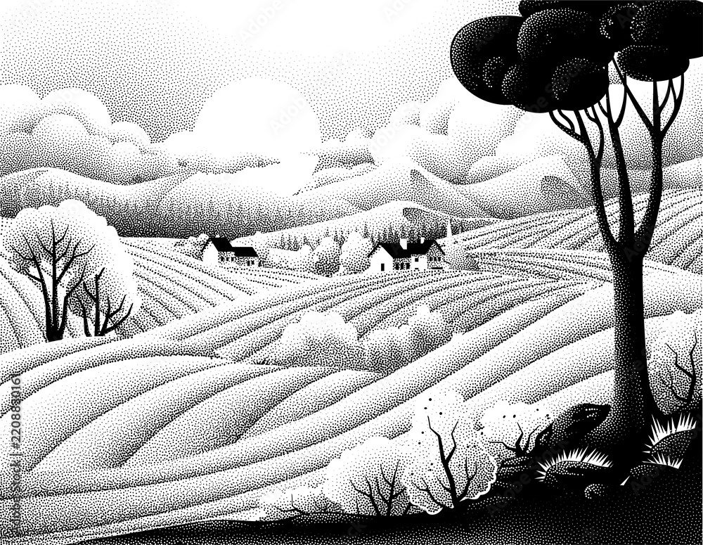 Obraz premium Fields rolling hills and mountains farm landscape background illustration with countryside mountains, sunrise sun, clouds and trees. Original rural background drawing in vintage pointillism dot style