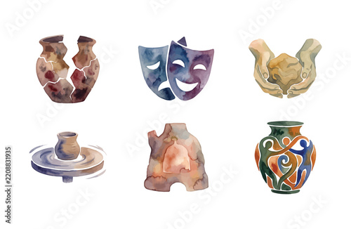 Watercolor Pottery and Theater Drama Icon Set Isolated on White Background