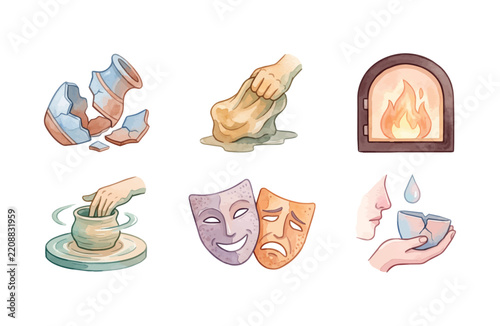 Watercolor Pottery and Theater Drama Icons Set with Clay Craft, Kiln, Broken Ceramics, and Masks on White Background