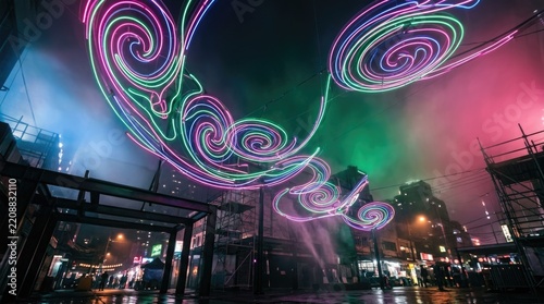 Futuristic Neon Light Trails in Night City Sky