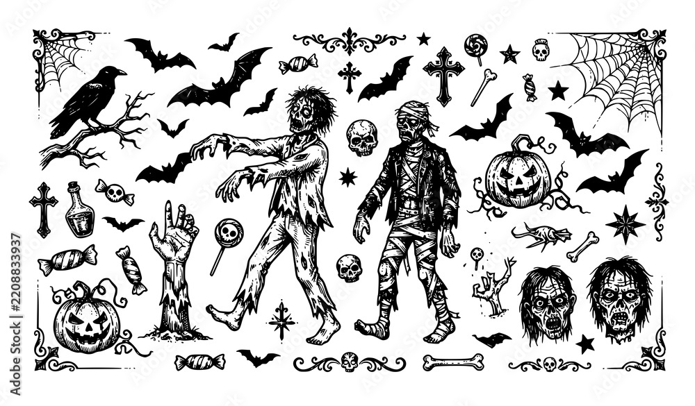 Fototapeta premium Vintage Halloween Monochrome Horror Elements Collection Vector Illustration