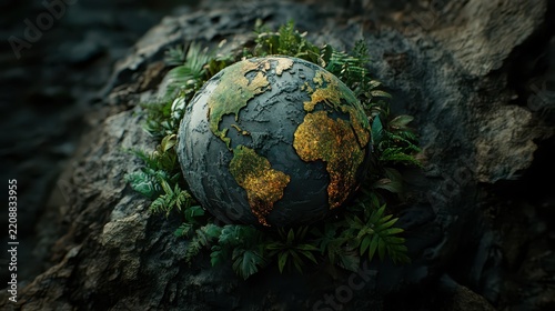 Conceptual Earth globe resting among green plants and dark rocks, representing sustainability, environmental protection, ecology, climate awareness, and global conservation.