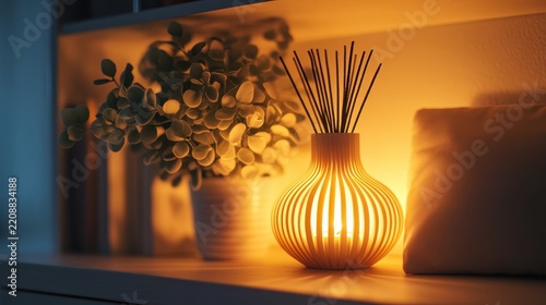 Warm glowing aromatherapy diffuser with reed sticks beside a decorative plant and cushion in a cozy interior, representing relaxation, wellness, fragrance, and home comfort.