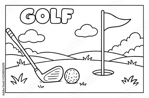Golf coloring page for kids with ball club hole flag and cute text lettering