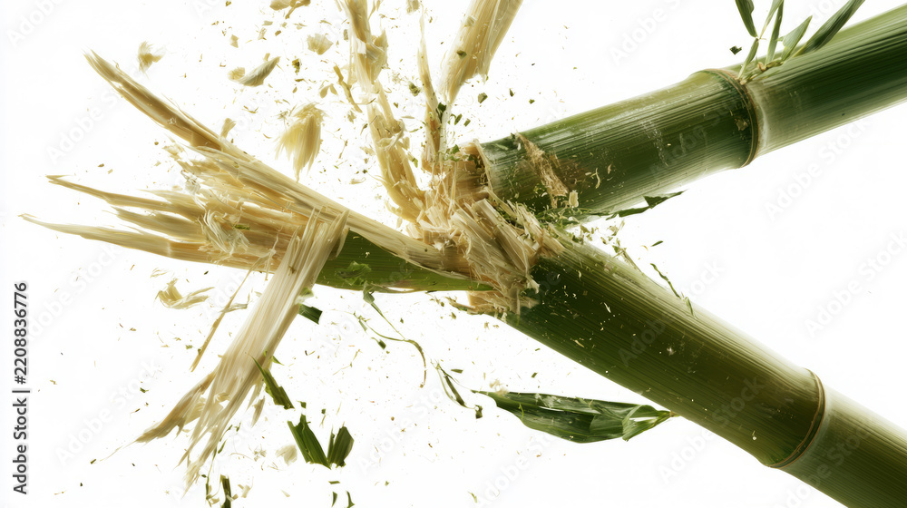 Fototapeta premium Green Bamboo Stalk Breaking Apart with Flying Splinters and Debris, Natural Material Strength and Structural Failure Concept on White Background