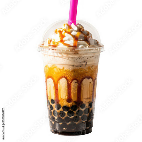 Creamy boba milk tea with tapioca pearls isolated on a transparent background cutout