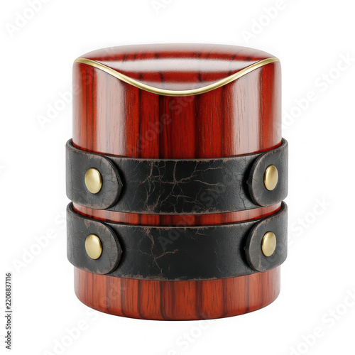 Elegant wooden container with leather straps and metal studs isolated on transparent background