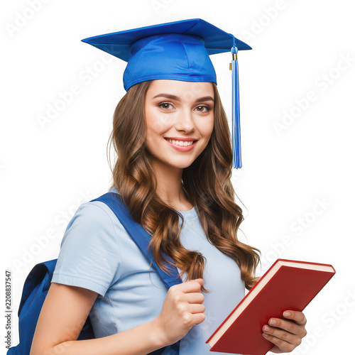 Happy female student wearing blue graduation cap holding book isolated on transparent