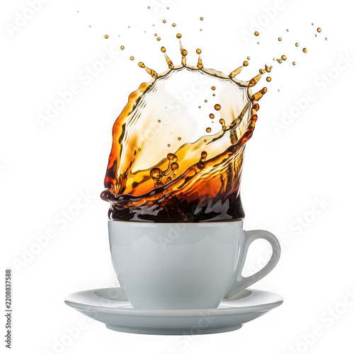 Fresh coffee splash in white ceramic cup isolated on transparent background for advertising