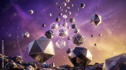 Abstract 3D Floating Geometric Polyhedrons in Cosmic Space