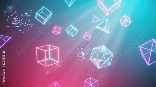 Abstract 3D Neon Geometric Shapes Floating in Colorful Light Beams Background