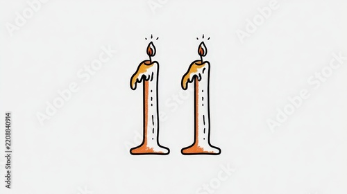 Burning candles forming the number eleven with melting wax drips isolated on white background. Vintage design for eleventh birthday cards.