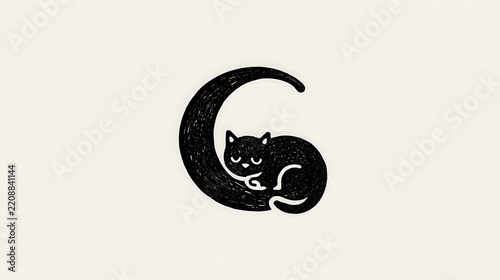 A solid black cat illustration sleeping peacefully within a large crescent moon shape, isolated on white background. Great for children's designs, cozy nighttime themes, or.