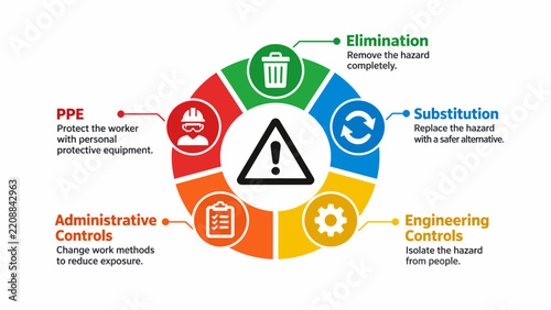 Circular hierarchy of controls infographic template featuring five hazard management steps and central warning triangle for safety training
